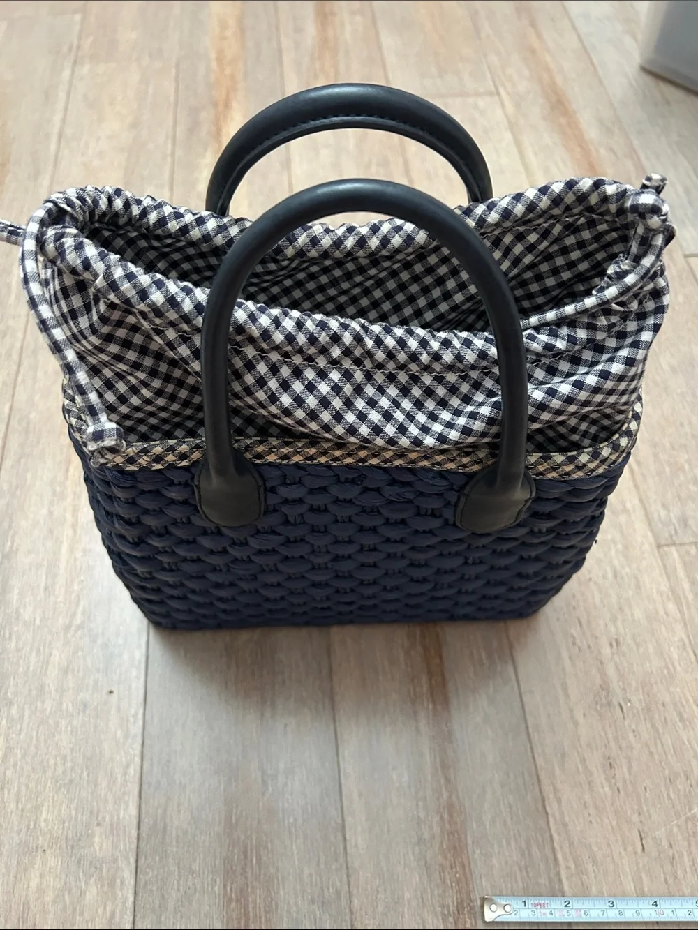 Talbots Navy Woven Tote with Black Faux Leather Handles and gingham lining